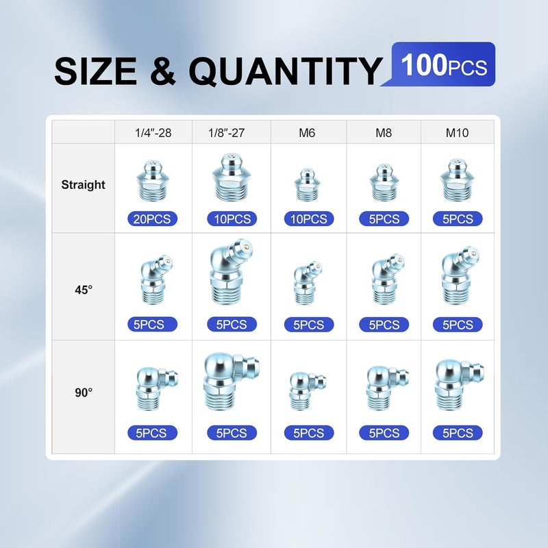 TAVONUXT 100 PCS SAE & Metric Grease Fittings Kit - Hydraulic Zerk Assortment 1/4" 1/8" M6 M8 M10 with Straight, 45°, and 90° Degree Heads for Automotive and Industrial Use, Galvanized Steel Set - Image 2